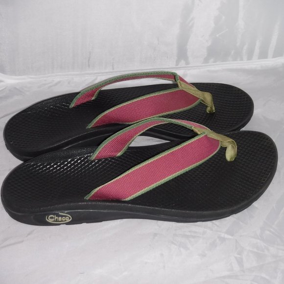 Chaco Shoes - CHACO Pink Green Stripe Thong Flip Flop Sandal